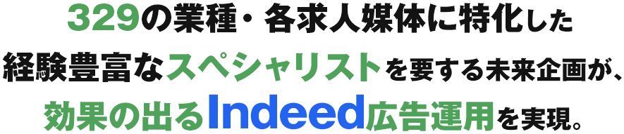329の業種・各求人媒体に特化した経験豊富なスペシャリストを要する未来企画が、成果の出る採用活動を実現。